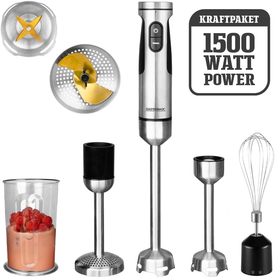 GASTROBACK Edelstahl Stabmixer 1500 Watt - Pürierstab mit 2 Mixaufsätzen, Stampfer, Schneebesen, Rüh