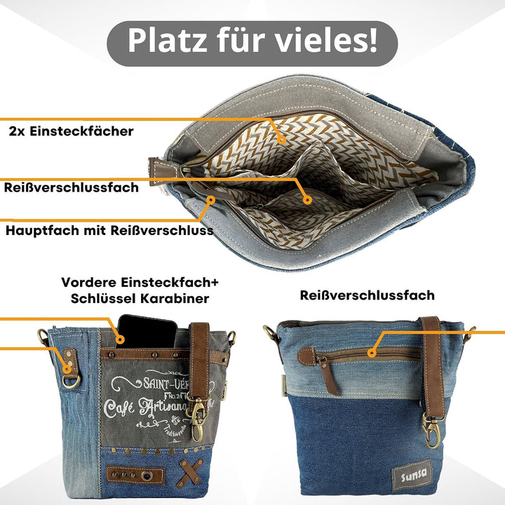 Sunsa Damen Umhängetasche. Schultertasche aus Canvas recycelte Jeans &amp; Leder. Grosse Vintage Crossbo