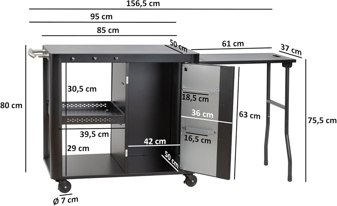 BBQ-Toro Grillwagen 95 x 50 x 80 cm | Schwarz | Grilltisch Mit Grosser Arbeitsfläche | Beistelltisch