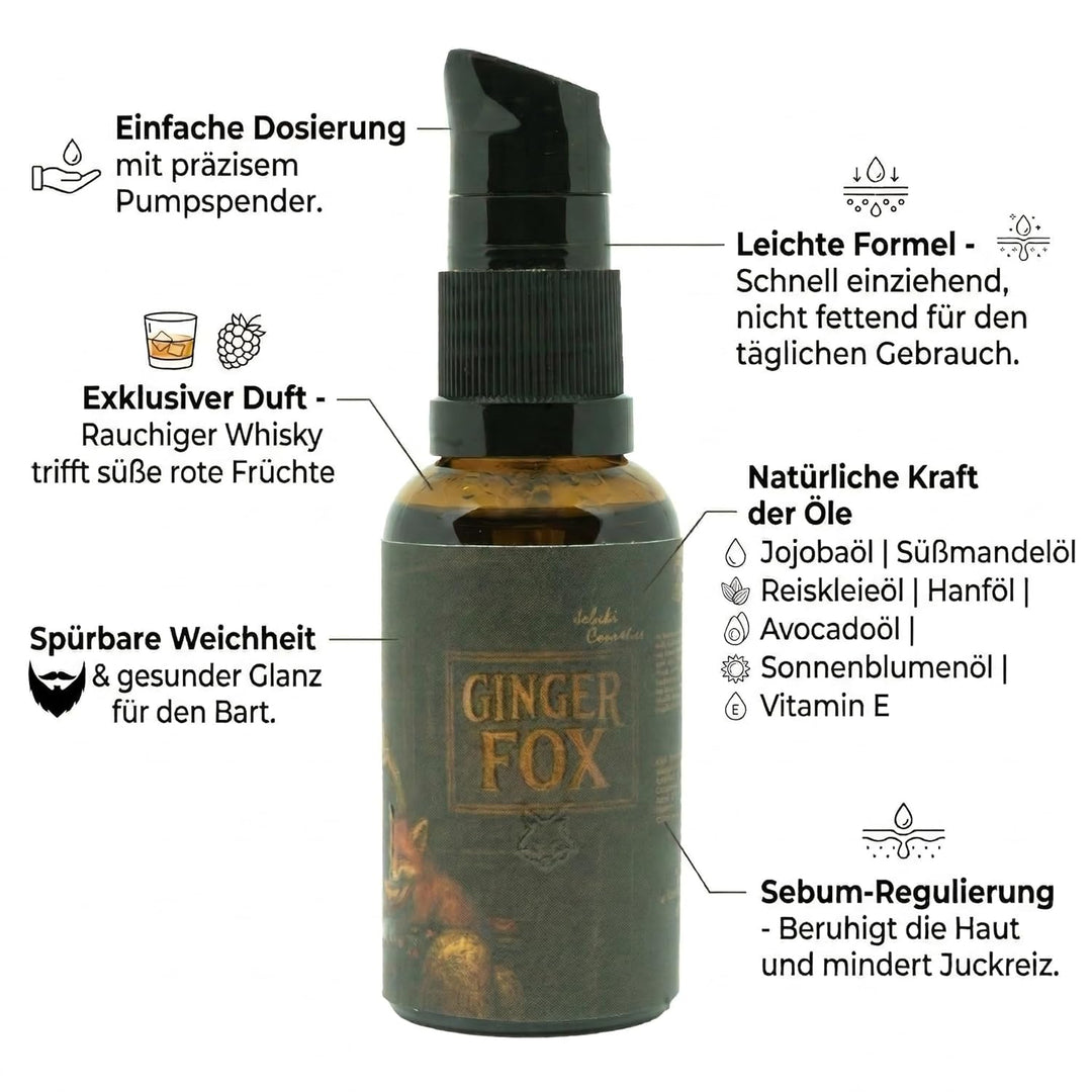 Ginger Fox Bartöl 30ml Pflegendes Bartpflegeöl für Herren mit Jojoba & Hanföl Macht den Bart weich &