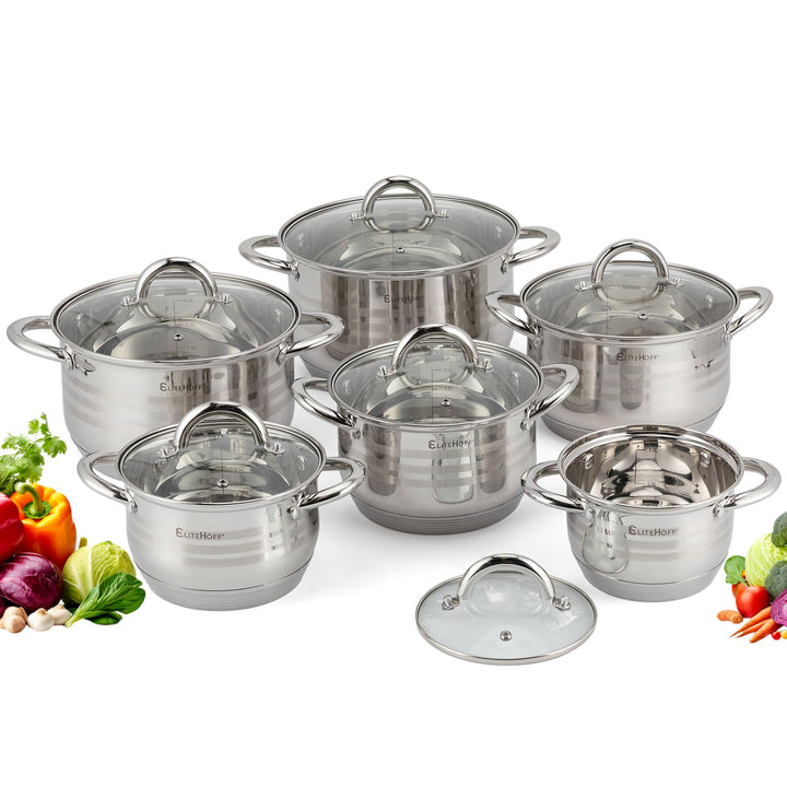 EliteHoff 12-Teilig Induktion Kochtopf-Set, 5-lagig Edelstahl Kochtopf, 6er Set Töpfe mit Deckeln, f