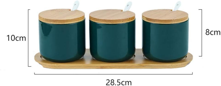 OnePine 3er Set Keramik Gewürzdosen Salztopf Keramik Zuckerdose Gewürzgläser mit Löffel und Bambus D