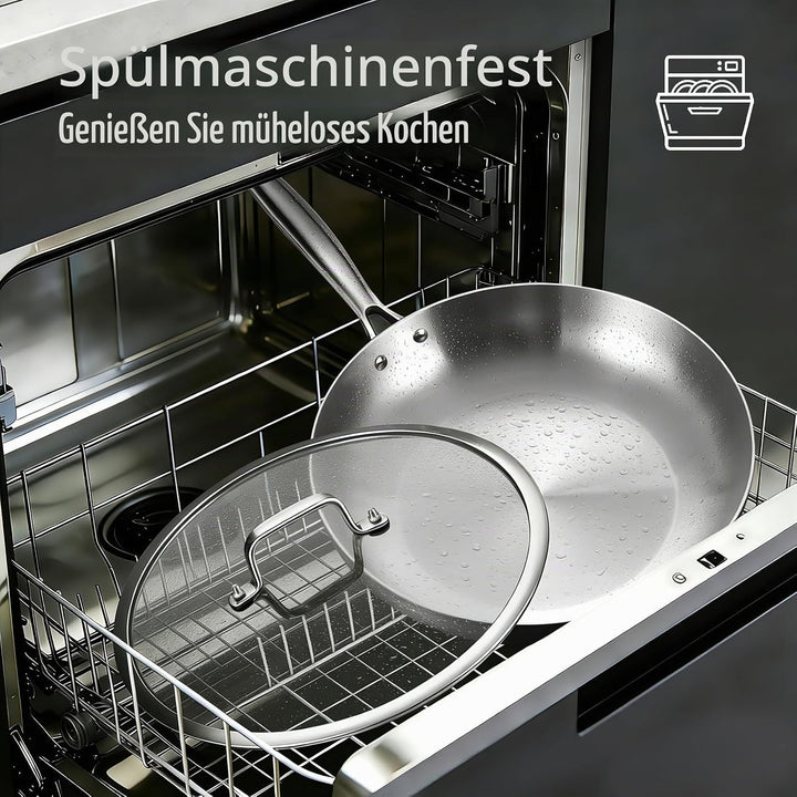 Inqibee Edelstahlpfanne Bratpfanne Unbeschichtet 28 cm mit Deckel - Kleine Pfanne Edelstahl, Stainle