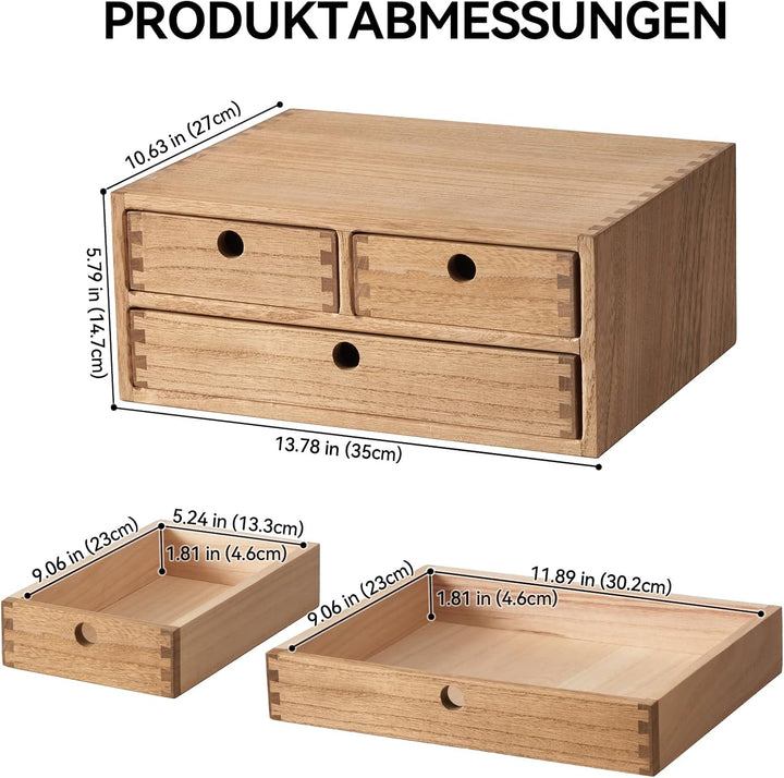 KIRIGEN Schreibtisch-Organizer aus Paulownia-Holz, 35 x 27 x 14,7 cm, Schubladenbox mit 3 Schubladen