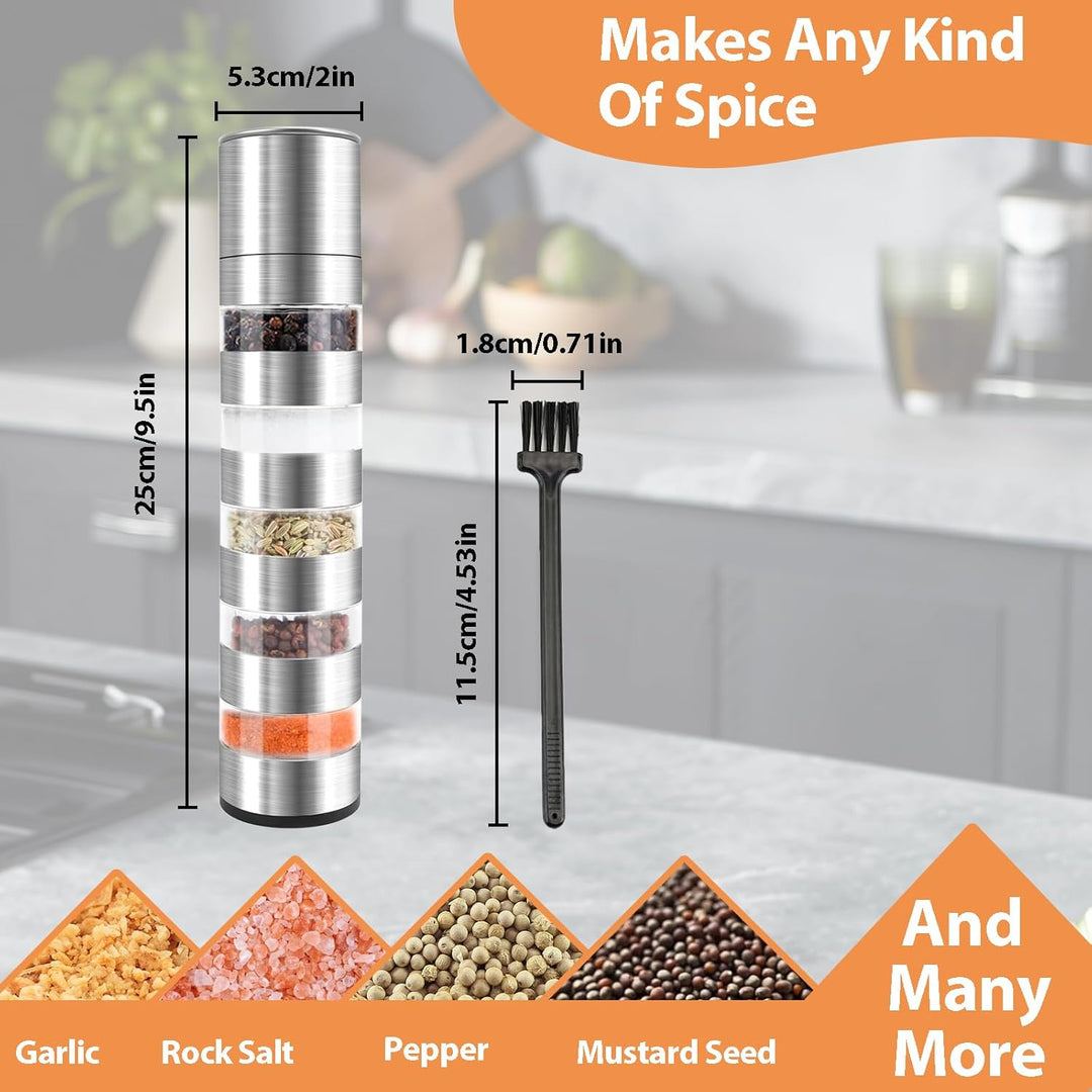 5 in 1 Gewürzstreuer, Edelstahl Gewürzmühle Set, Gewürzdosen Mini Gewürzmühle, Chef Mini Salz- und P