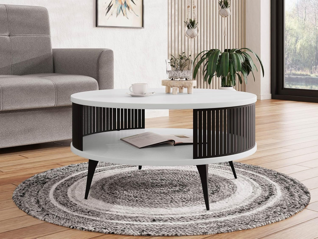 Mirjan24 Couchtisch mit Ablage Rajkon, Runde Form, Metallbeine, Kaffeetisch, Wohnzimmertische, Beist