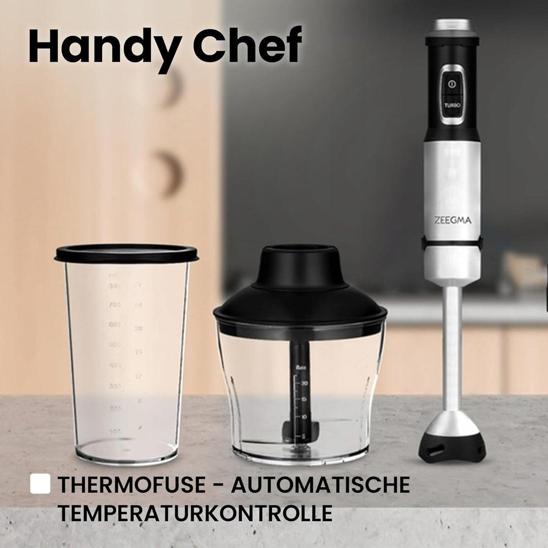 ZEEGMA Handy Chef Stabmixer 5in1 multifunktional 1500W, Düsensatz: Pürierstab, Mixer, Quirl, Rührhak