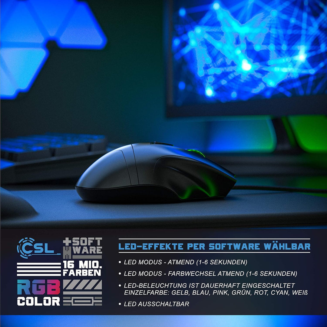 CSL - 4800 DPI Gaming Maus mit RGB Beleuchtung – optische Computermaus - 9 Tasten – 600-4800 DPI – 7