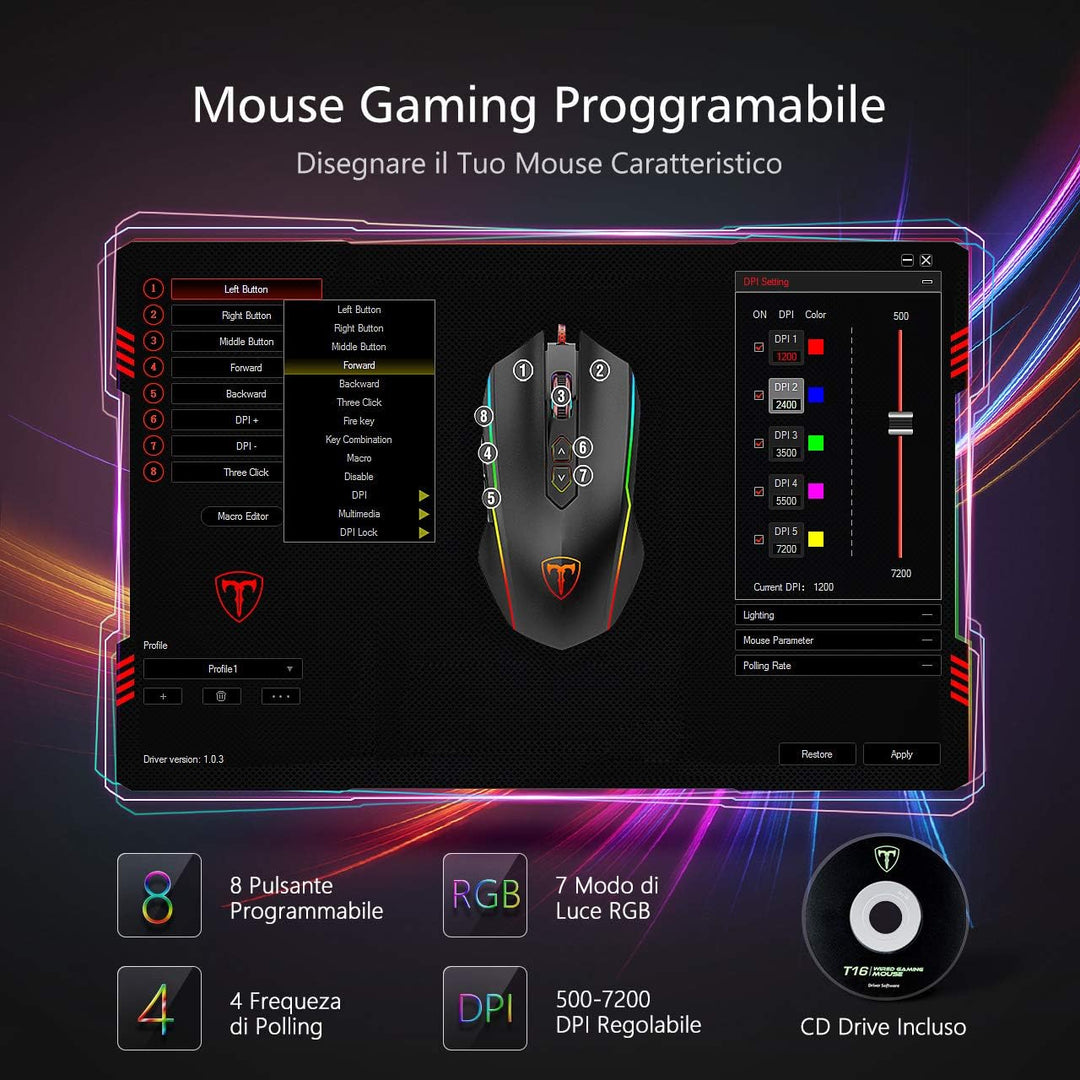 VIVIJO Gaming-Maus, kabelgebunden, hohe Leistung, Gaming-Maus mit 7200 dpi, verstellbar, RGB, 8 prog