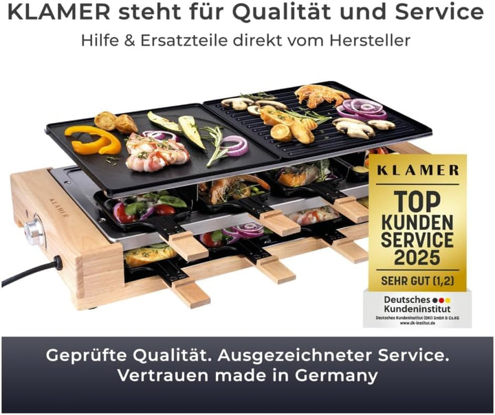 KLAMER Raclette 8 Personen, 1500W Raclette Grill mit Holzgestell, Raclette mit antihaftbeschichteter