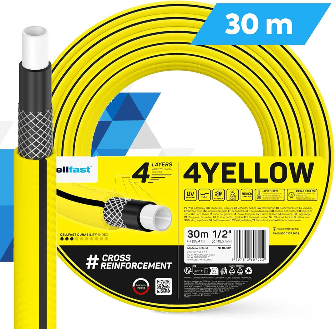 GARTENSCHLAUCH SCHLAUCHTROMMEL 1/2" 30M MIT GARTENBRAUSE & KUPPLUNG ANSCHLUSS SET CELLFAST 4YELLOW T