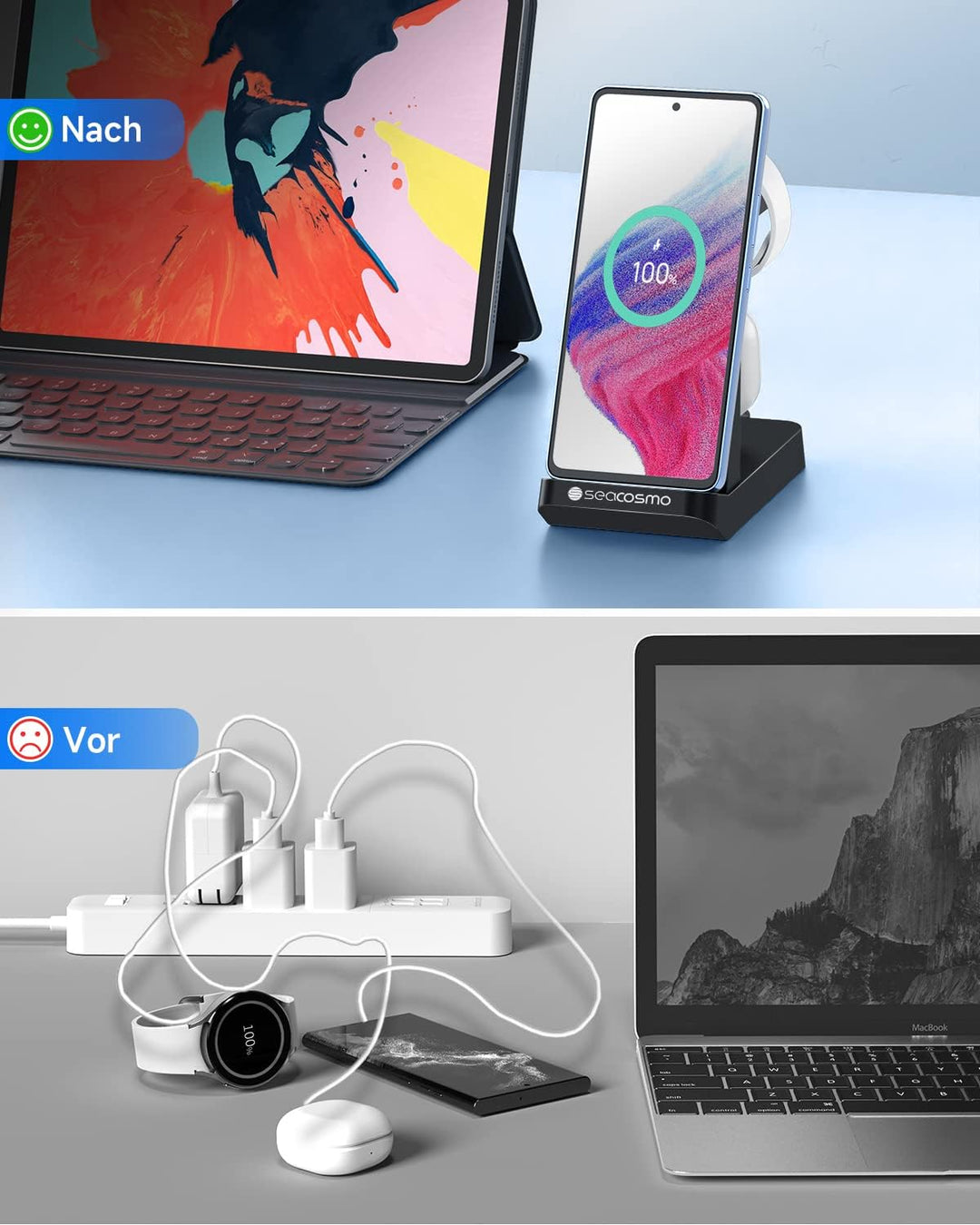 seacosmo 3 in 1 Ladestation, 18W Samsung Ladegerät handyhalterung für Galaxy Buds/Samsung A54/A53/A3