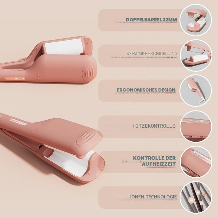 Osée - Party Waves – Welleneisen mit 2 Barren, 32 mm Keramikbeschichtung, Soft Touch, Timer, einstel