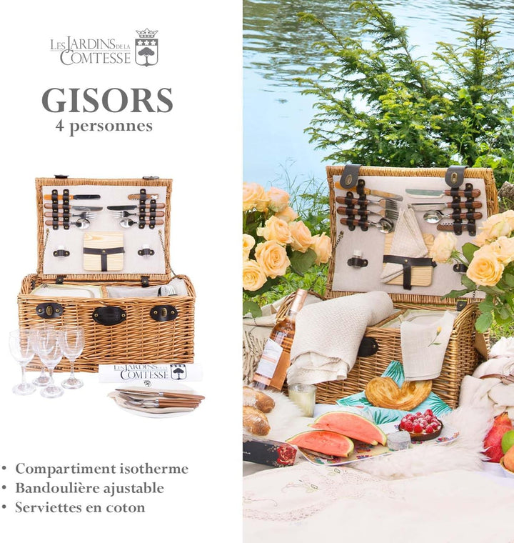 Les Jardins de la Comtesse - Picknickkorb Gisors aus honigfarbener Weide - Komplett Ausgestattet/4 P