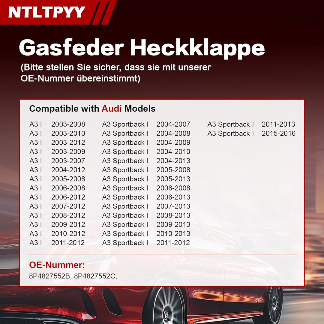 Heckklappen Gasdruckfeder Kompatibel mit Audi A3 2003-2012 8P1 A3 Sportback 2004-2016 8PA, 2 Stück H