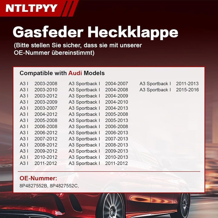 Heckklappen Gasdruckfeder Kompatibel mit Audi A3 2003-2012 8P1 A3 Sportback 2004-2016 8PA, 2 Stück H
