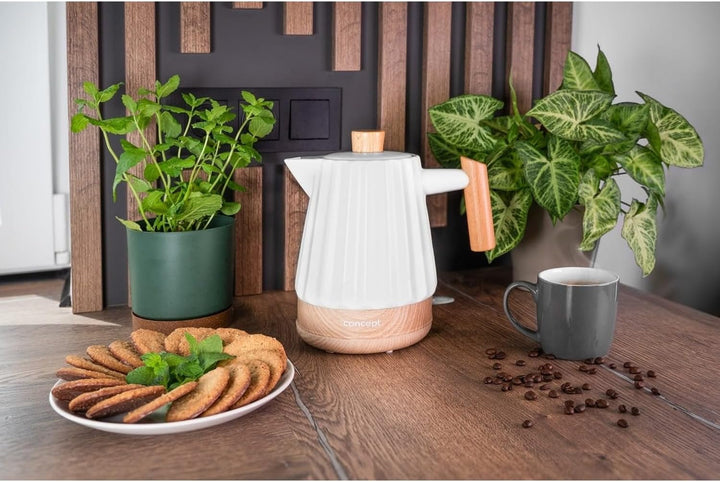 Concept Birdy RK0090 Keramik-Wasserkocher 1,5 L – Stilvoller Wasserkocher in Weiss mit Holzdetails |