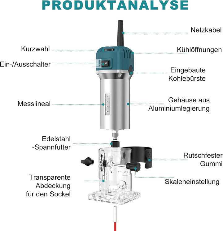 Einhandfräse 800W, 30000 U/min Holzfräse Oberfräse, 6,35mm Durchmesser, Hand Fräsmaschine mit 6 Vari