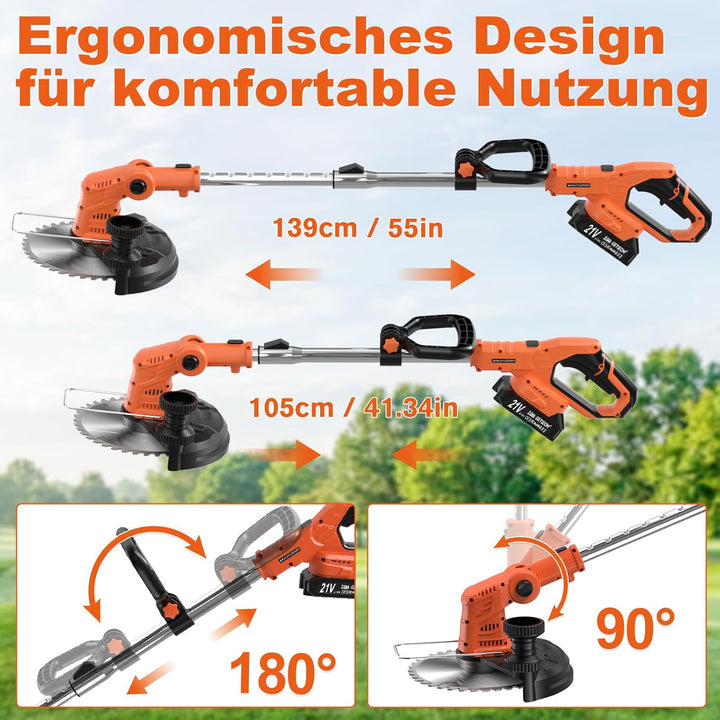 Rasentrimmer Akku 21V, 4-in-1 Freischneider mit 850W Motor und LCD-Anzeige, inkl. Stahlbürste und 8"