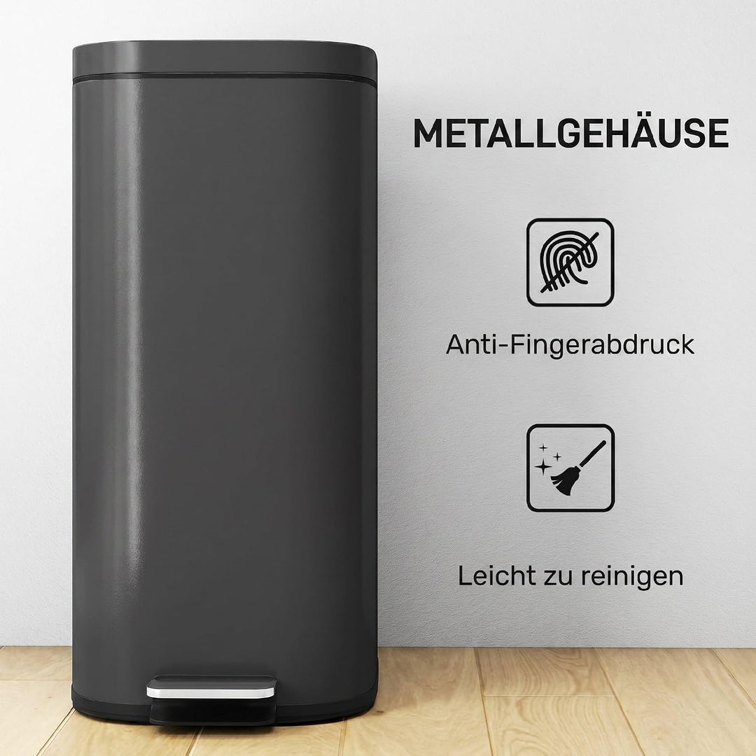 HOMCOM 30L Küchenmülleimer mit Deckel, Pedaleimer mit Soft-Close, Schwarz, Schwarz