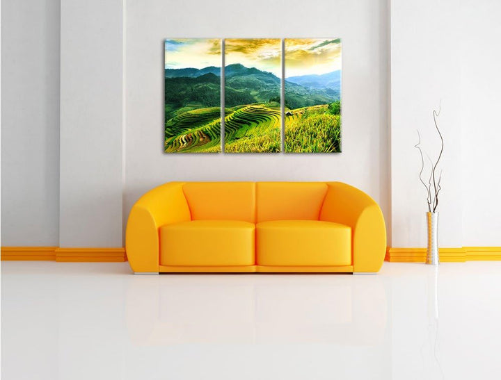 Pixxprint Reisfelder in Vietnam als Leinwandbild | Grösse: 3 Teilig (120x80) | Wandbild| Kunstdruck