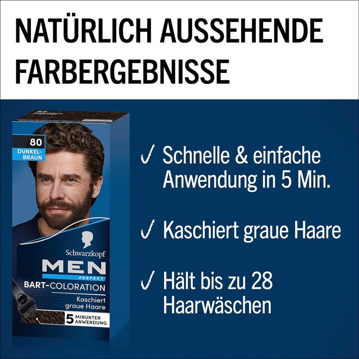Schwarzkopf Men Perfect Bart-Coloration 80 Natur Schwarz-Braun Stufe 2 (4x 30 ml), Bartfärbemittel z