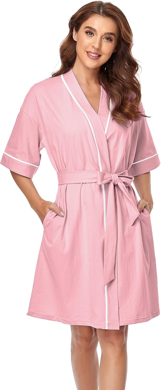 COLORFULLEAF 100% Baumwolle Bademantel Damen Kurz Morgenmantel Leicht Knielang Kimono Saunamantel Na