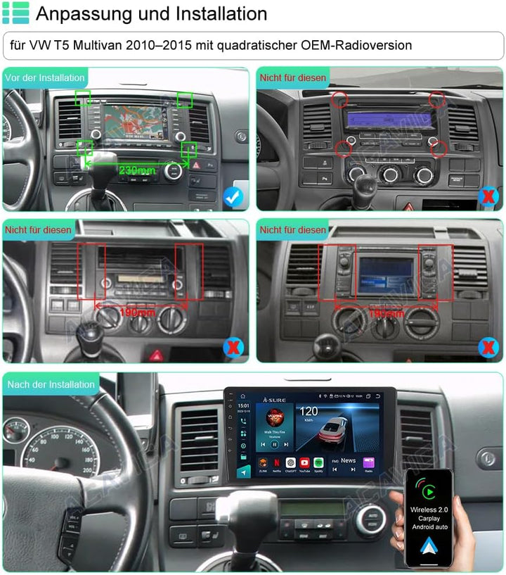 Android 15 Autoradio für VW T5 Multivan 2010–2015 9 Zoll – 8-Kern 4 GB RAM + 64 GB ROM, Kabelloses A