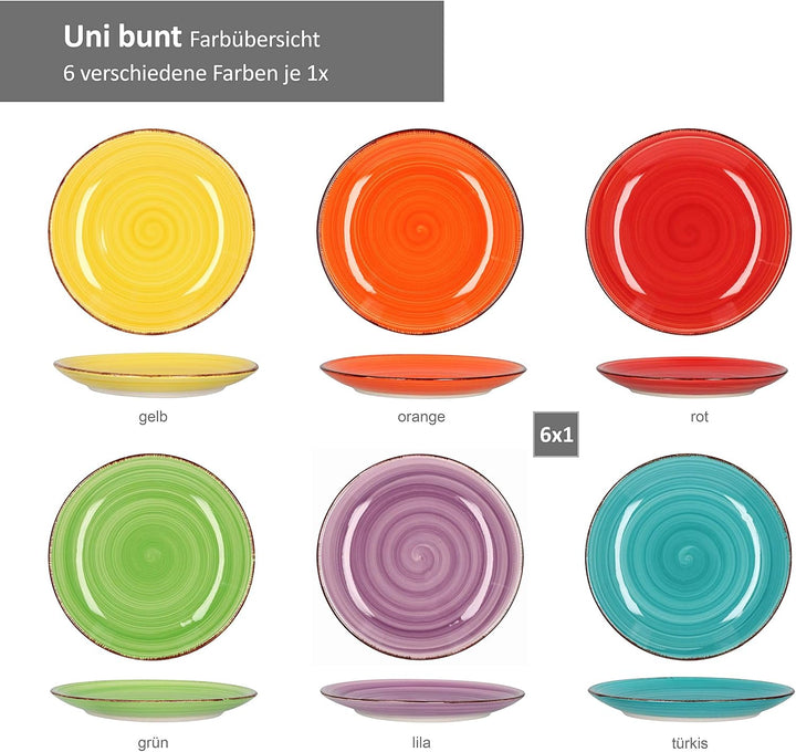 MamboCat 6x Suppen-Teller Uni bunt I Steingut-Geschirr 6 Personen - Teller-Set farbenfrohes Design I