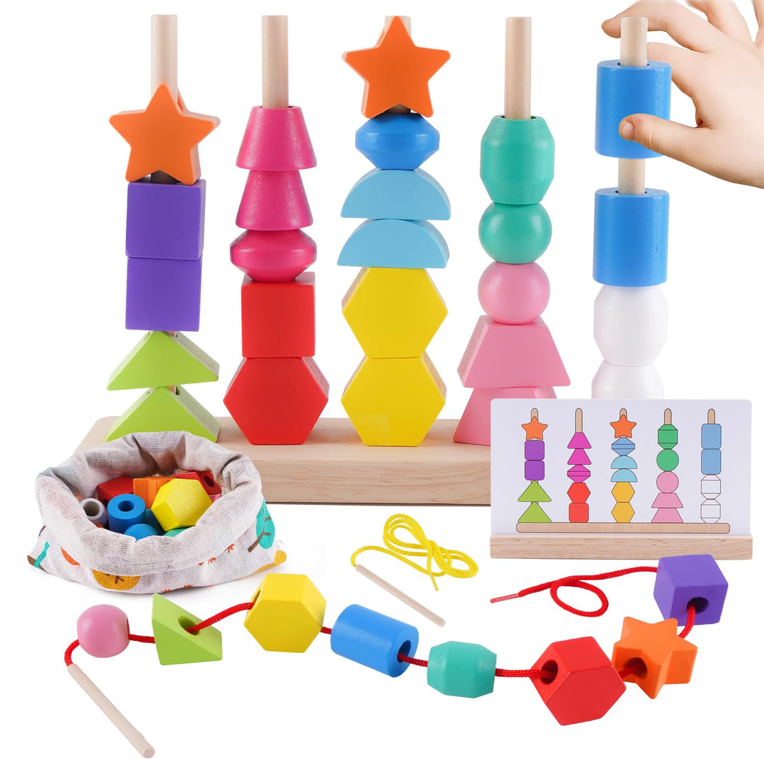 Montessori Spielzeug ab 3 4 5 Jahre, Holzspielzeug Steckspiel Fädelspiel Bausteine Sortierspiel für