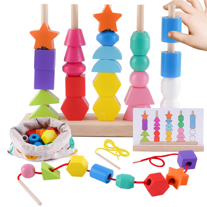 Montessori Spielzeug ab 3 4 5 Jahre, Holzspielzeug Steckspiel Fädelspiel Bausteine Sortierspiel für