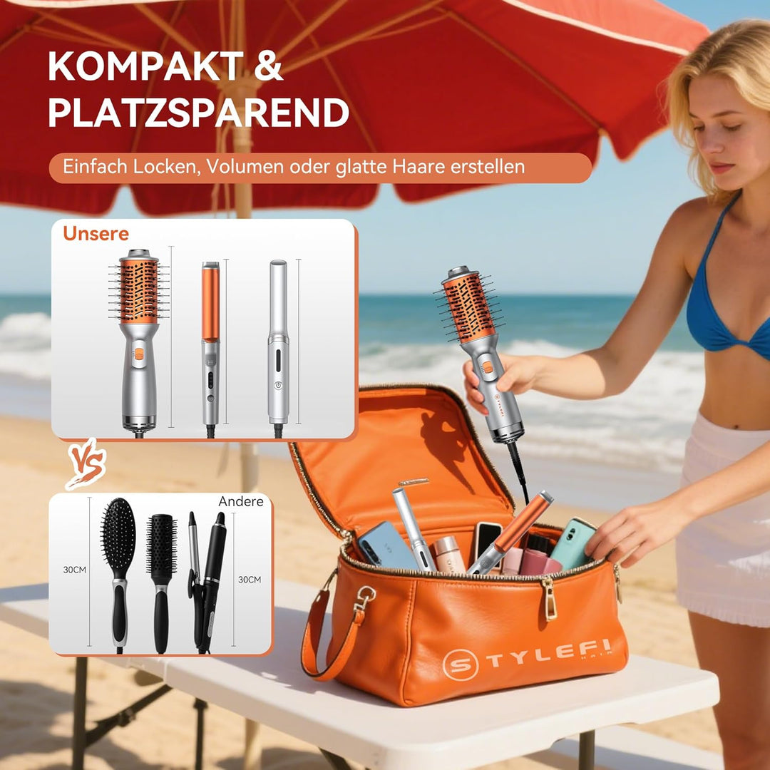 Reise Warmluftbürste Styling-Set, 4-in-1 Heissluftbürste mit 100–240V Doppelspannung, 25 mm Lockenst