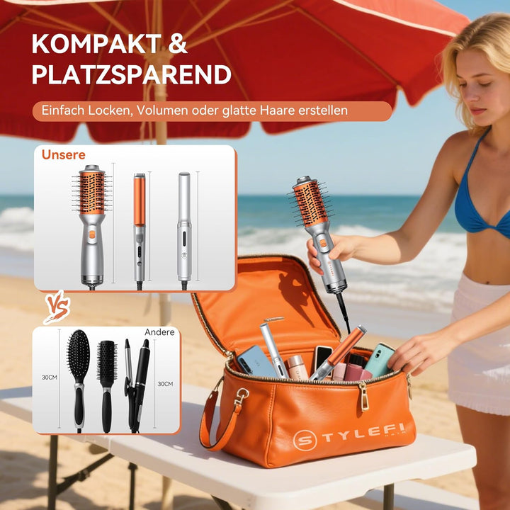 Reise Warmluftbürste Styling-Set, 4-in-1 Heissluftbürste mit 100–240V Doppelspannung, 25 mm Lockenst