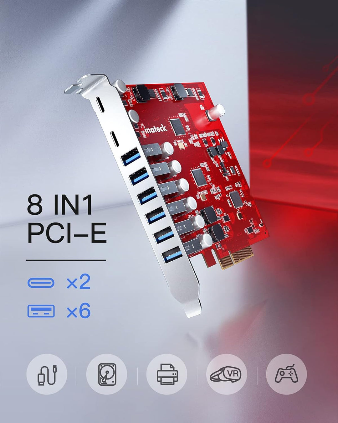 Inateck RedComet U22, PCIe zu USB 3.2 Gen 2 Erweiterungskarte, 6 USB Typ-A und 2 USB Typ-C Anschlüss