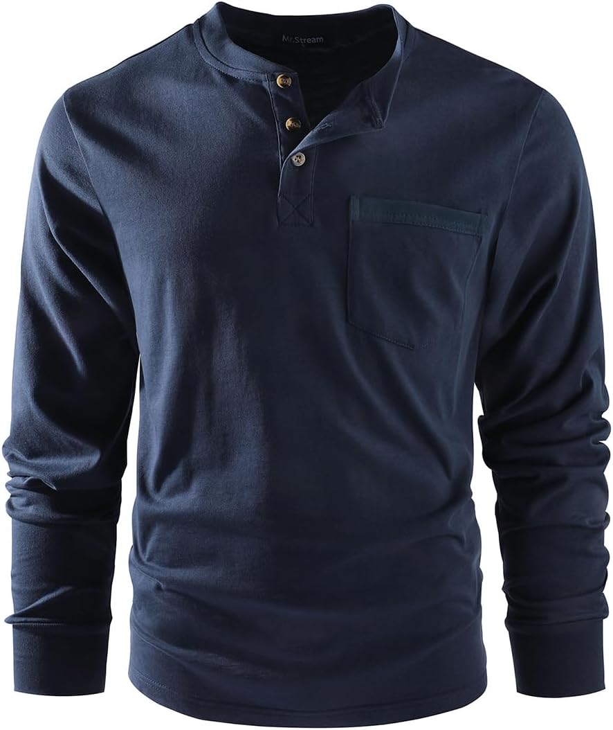 Mr.Stream Herren Henley Shirt Longsleeve Langarmshirt Männer DREI Taste Knopfleiste Baumwolle Beiläu