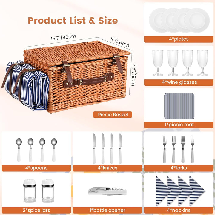 Premium Picknickkorb-Set für 4 Personen, Weidenkorb mit Kühlfach, Wasserdichter Decke, Tellern, Gläs