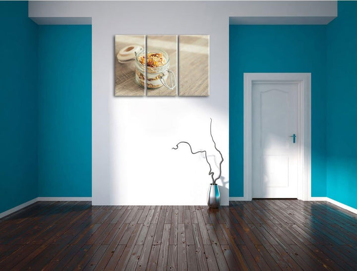 Jogurt Müsli im Glas als 3-Teiler Leinwandbild 120x80 Bild auf Leinwand, XXL riesige Bilder fertig g