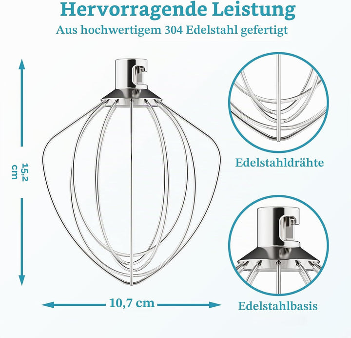 Edelstahl Schneebesen für KitchenAid Zubehör, Peitsche für KitchenAid Schneebesenaufsatz, 4,5–5 qt m
