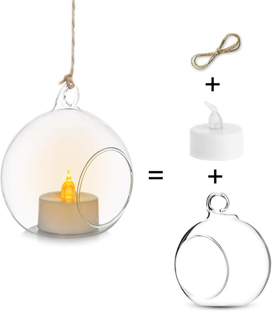 Sziqiqi 8cm Windlicht Hängend Glas Teelichter Halter 24 Stücke Kerzenleuchter Glasanhänger mit LED K