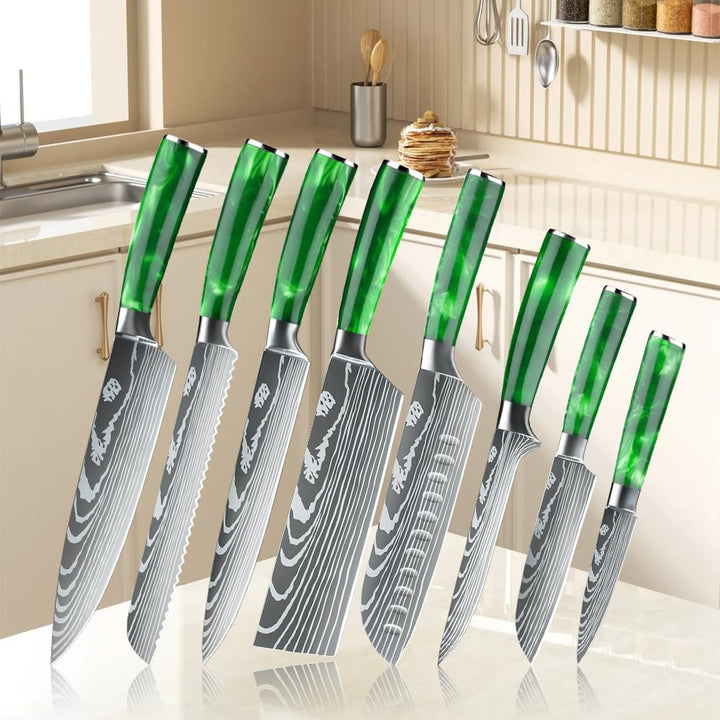 KEPEAK Messerset 8 - tlg Küchenmesser Set aus Hochwertigem Carbon Edelstahl, Ultra Scharf mit Brotme