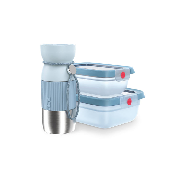 EMSA beYou Office-Set, 100% Dicht, oneClick Frischhaltedose 0,5 L, 1,2 L, beYou Cup Mug 0,36 L, Blau