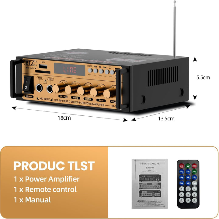 Mini Bluetooth Verstärker HiFi Stereo Audio mit Mixer Wireless Bluetooth Endstufe 600W Dual Kanal Bl