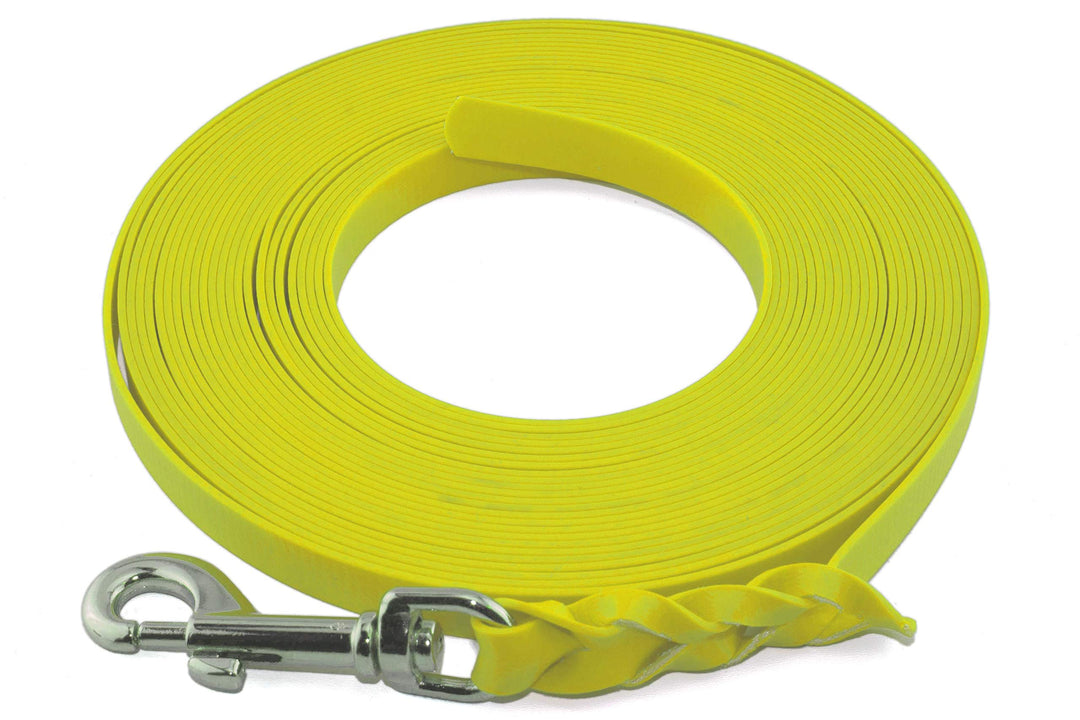 LENNIE Leichte BioThane Schleppleine, 13mm, Hunde 15-25kg, 2m lang, ohne Handschlaufe, Neon-Gelb, ge