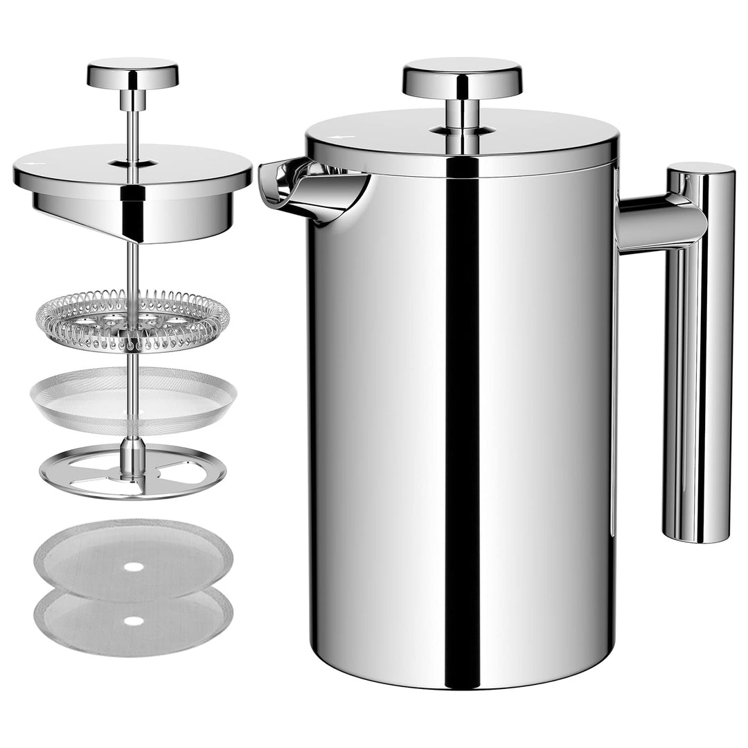 Kaffeebereiter French Press 0,6 Liter, 3 Tassen Doppelwandige Edelstahl Kaffeezubereiter Thermo,600m