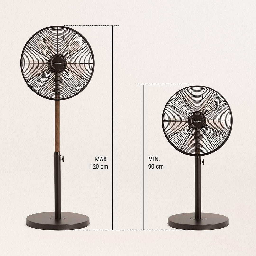 CREATE | AIR STAND WOOD/Standventilator mit Oszillation/schwarz und dunkle Holz/Retro-Stil, 3 Geschw