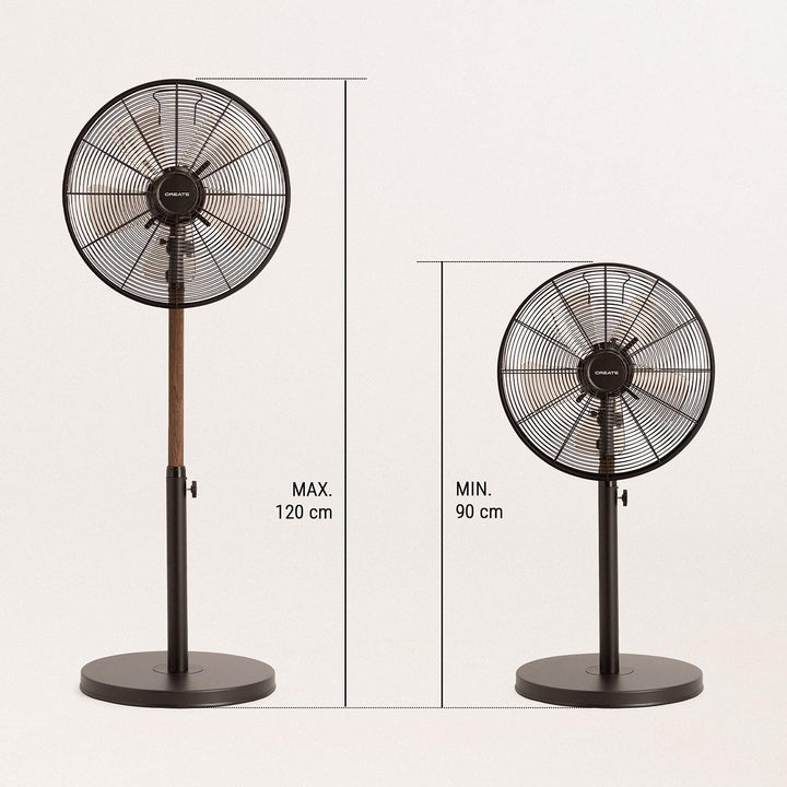 CREATE | AIR STAND WOOD/Standventilator mit Oszillation/schwarz und dunkle Holz/Retro-Stil, 3 Geschw