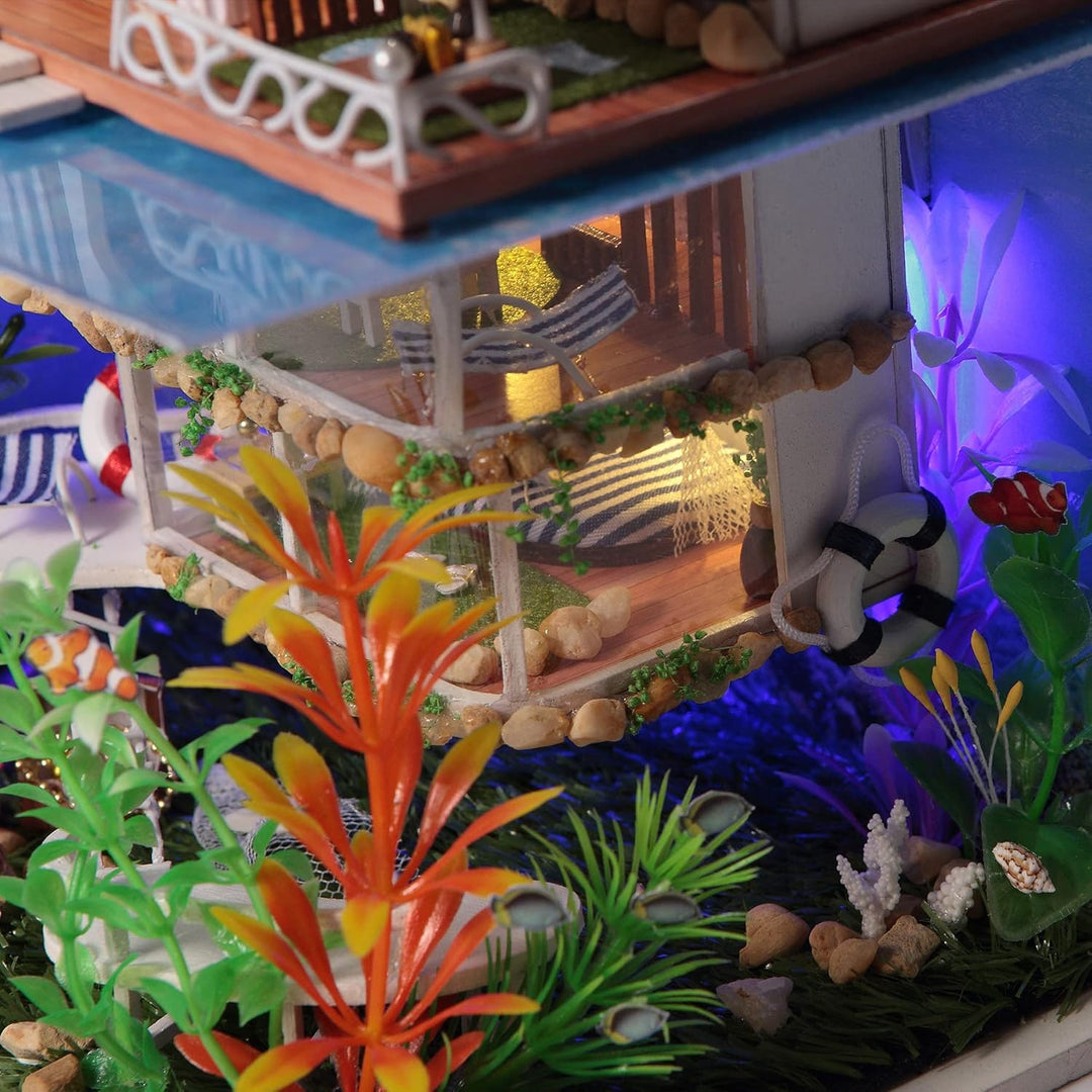 Cuteefun DIY Miniatur Puppenhaus Meer Kit zum BAU Miniatur Haus mit Staubdichten Möbeln und Werkzeug