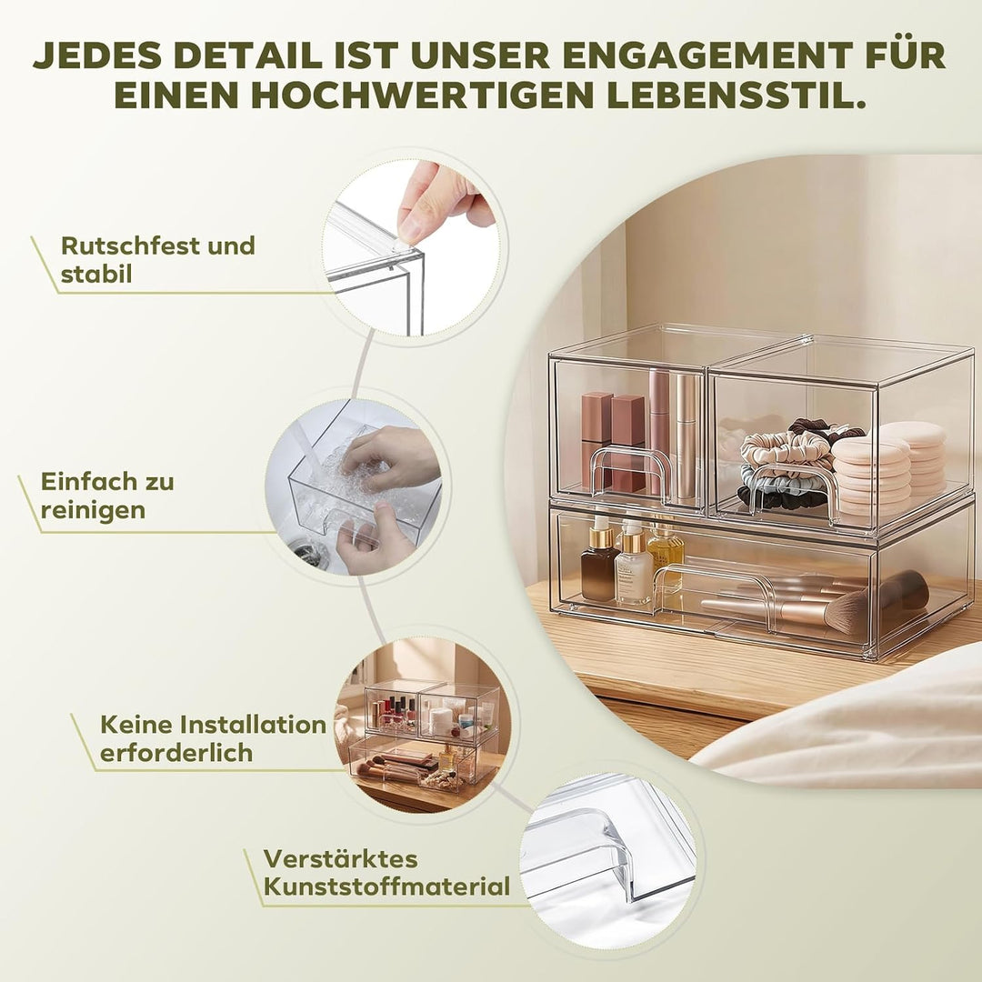 3-stufige Aufbewahrungsbox transparent - Schubladen-Organizer mit rutschfester Basis für Badezimmer,
