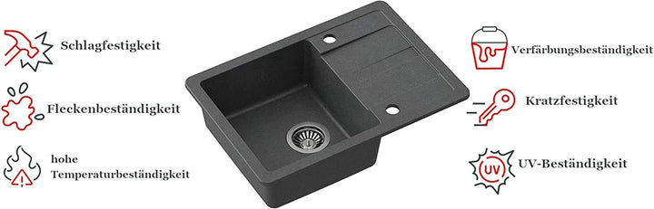 VBChome Spülbecken Schwarz mit Armatur 62 x 44 cm Granit Einzelbecken Einbauspüle Abtroffläche gespr