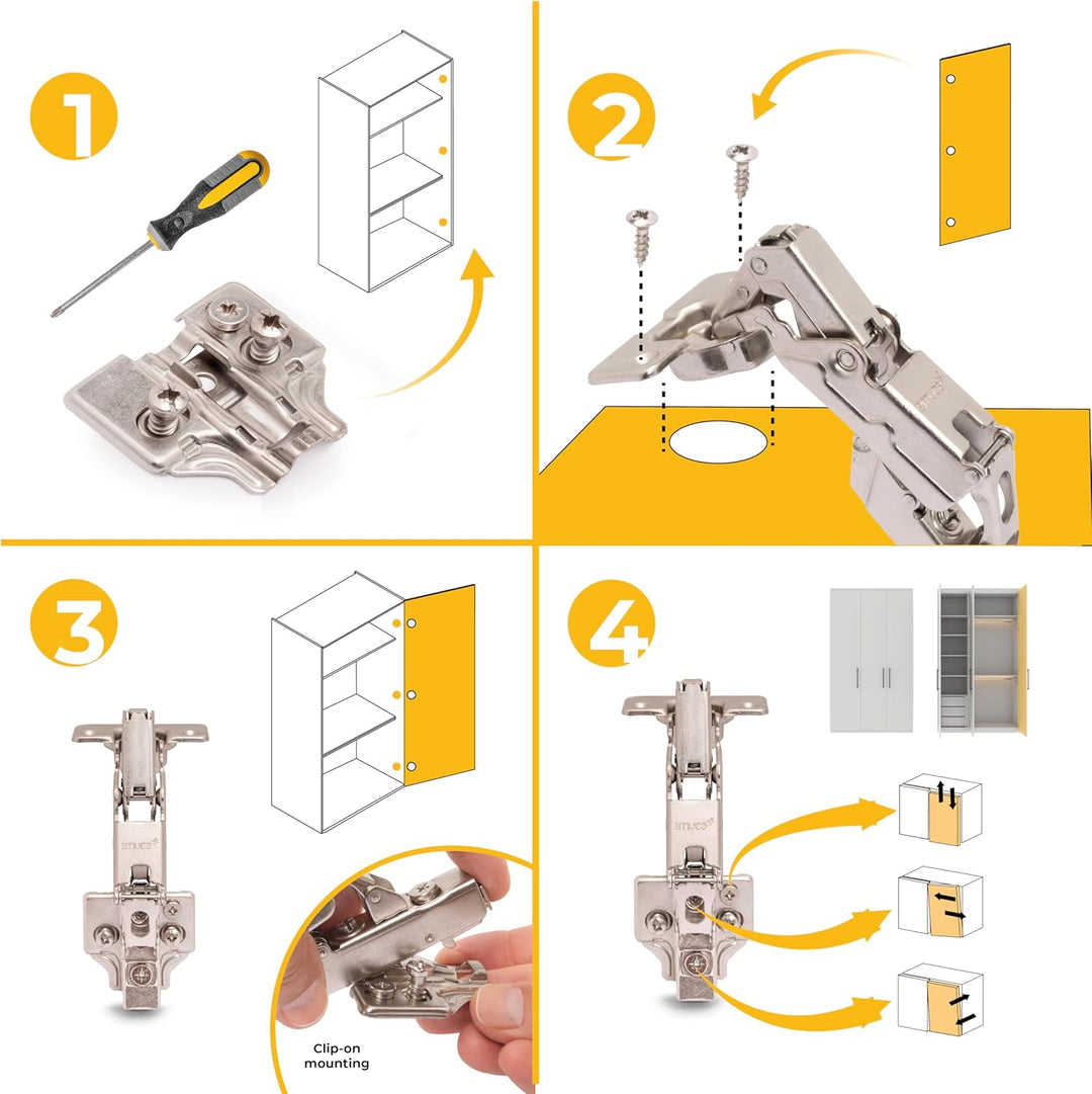 Emuca - Scharnier X92, sanftes Schliessen, Öffnungswinkel 105º, Montageplatte zum Anschrauben, Nicke